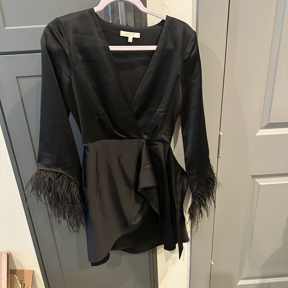 Wayf Black Wrap Dress with Feather Accents
